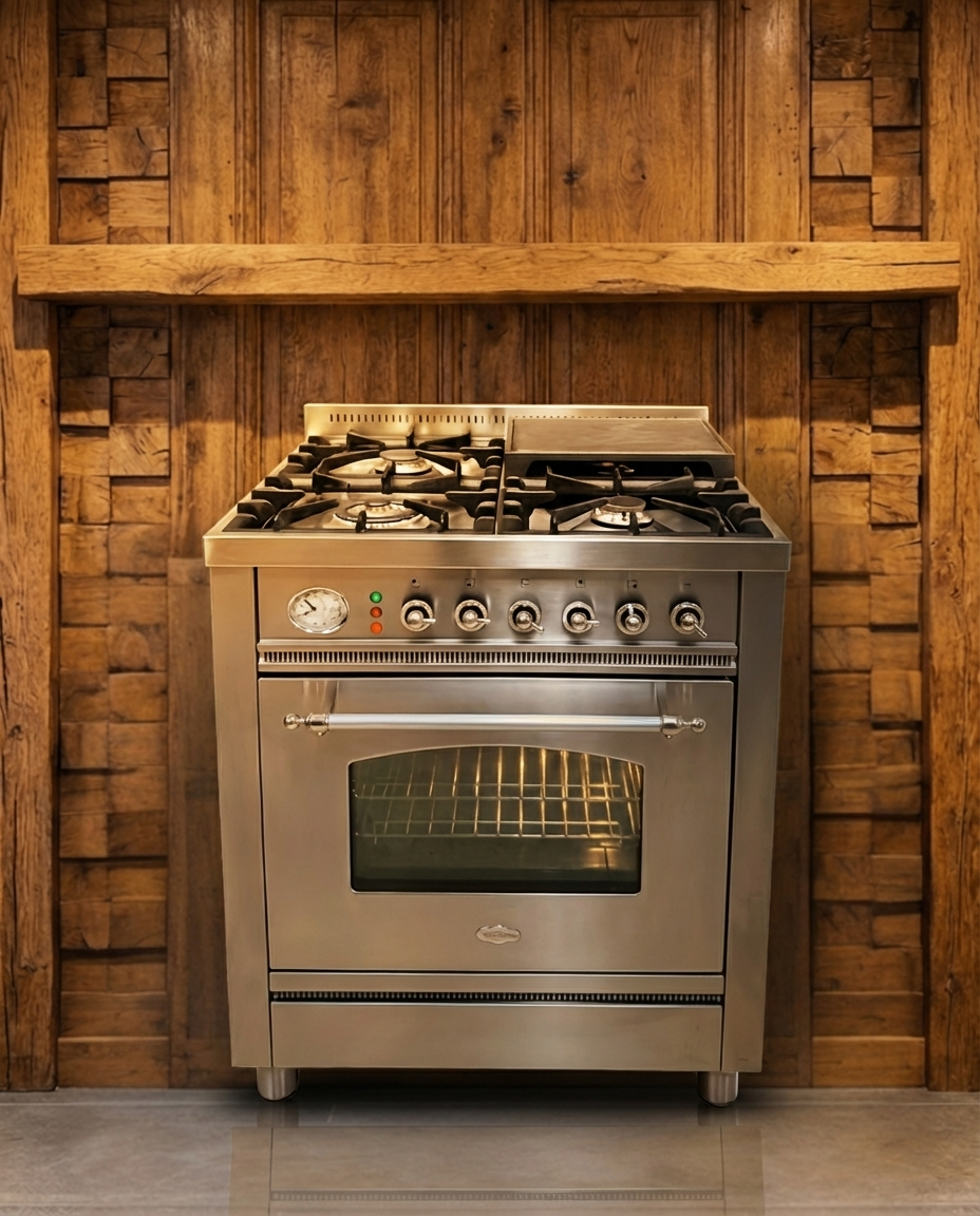 Boretti Gasfornuis · 70cm · 4 Pits + Bakplaat · Enkele Oven · Volledig RVS
