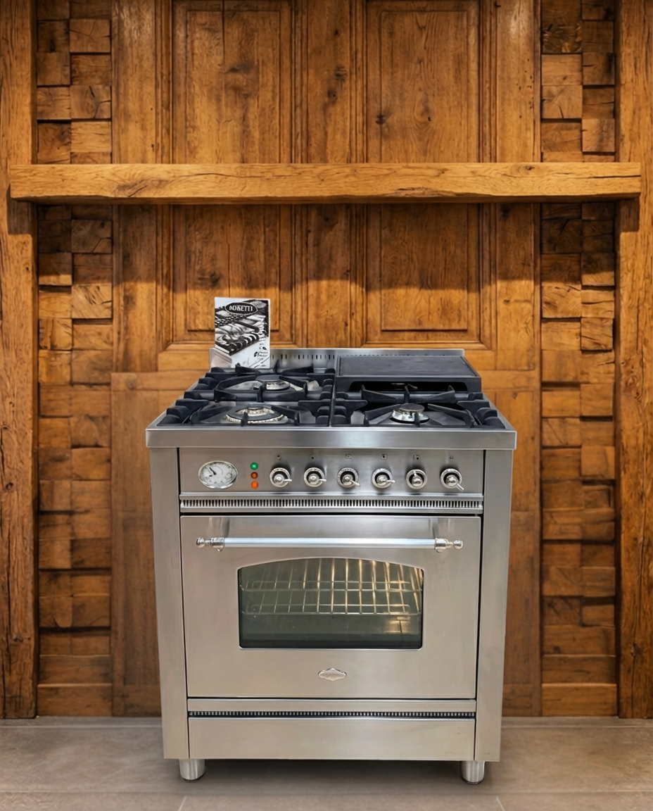 Boretti Gasfornuis · 70cm · 4 Pits + Bakplaat · Enkele Oven · Volledig RVS