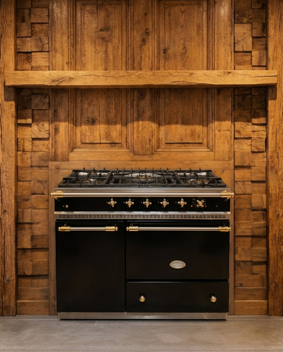 Lacanche Gasfornuis · 100cm · 5 Pits · Dubbele Oven · Hoogglans Zwart & Messing