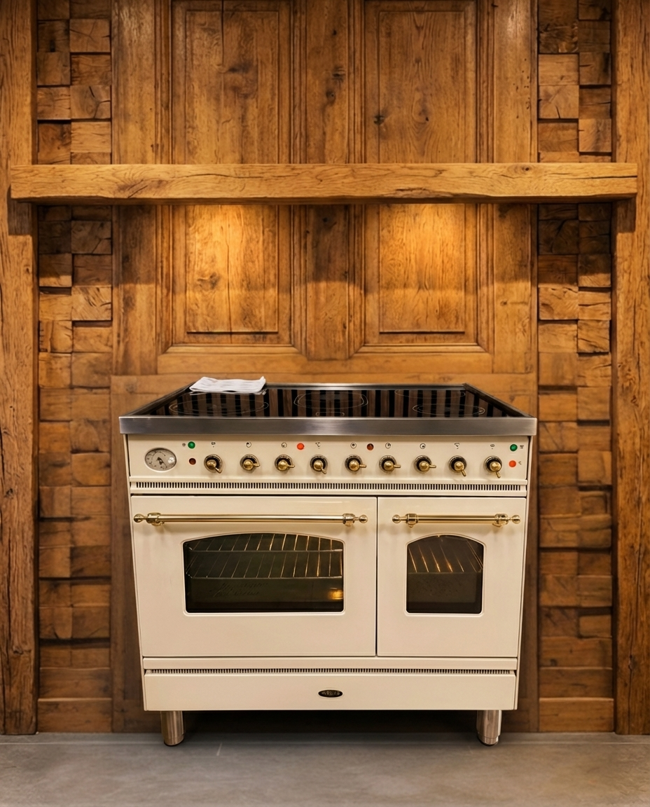 Boretti Keramisch · 5 Zones · Dubbele Oven met Draaispit · Wit Messing · 90cm