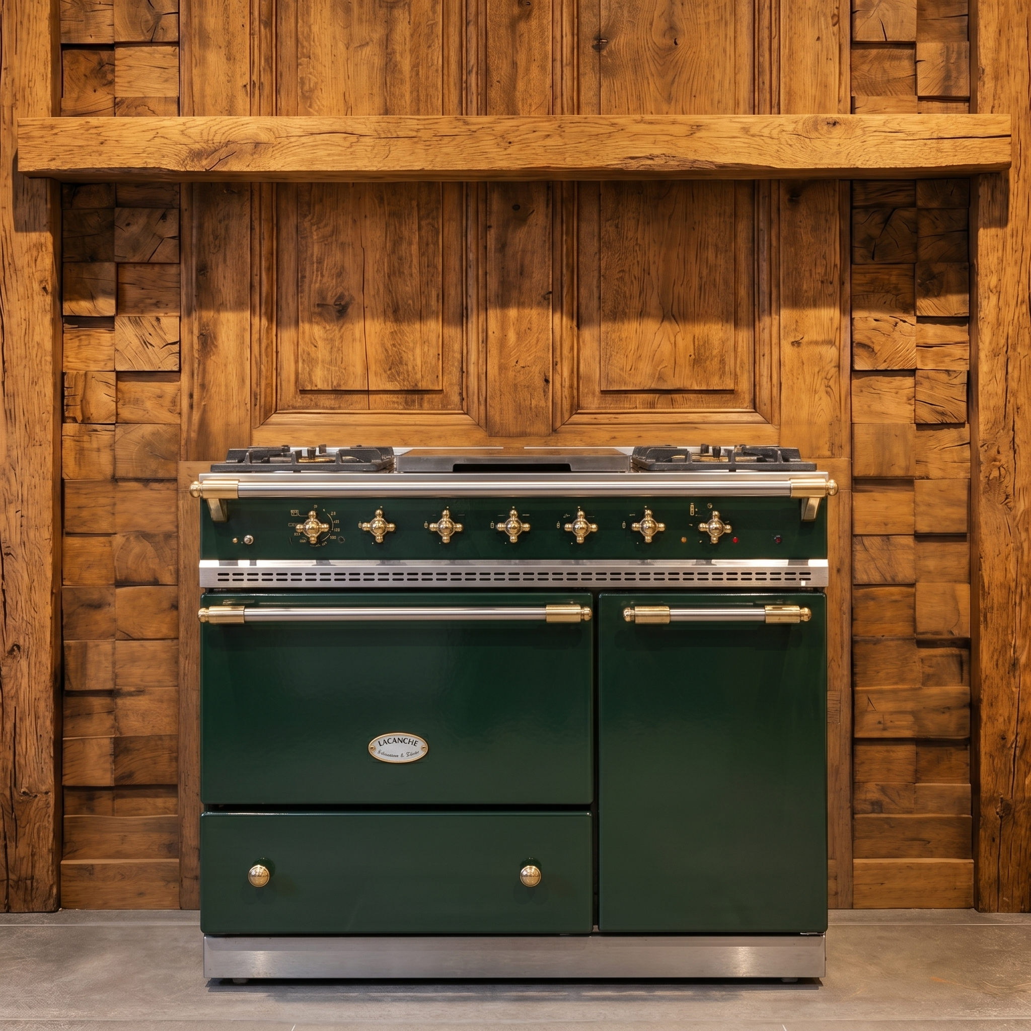 Lacanche Cluny 1000 · Donkergroen Email met Messing · 100cm · 5-pits Gas · Coup de Feu · Heteluchtoven · Warmhoudkast