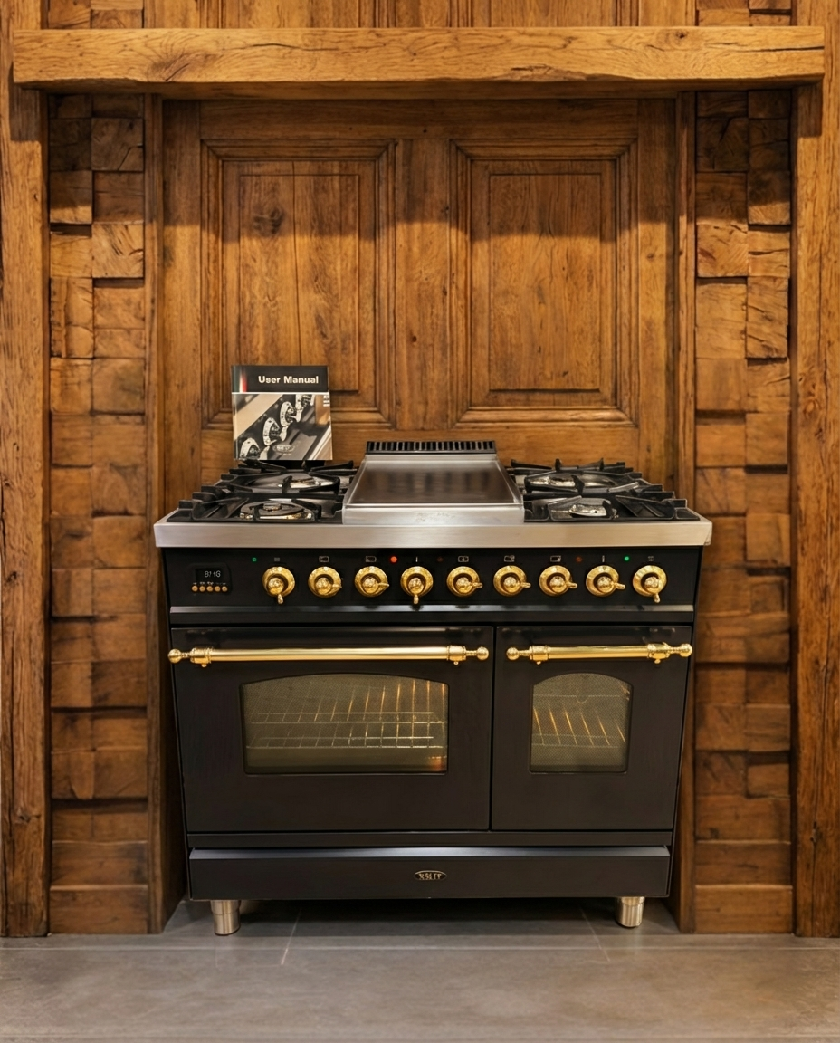 Boretti Gas · 5-pits met Wokbrander · Dubbele Oven · Antraciet Messing · 90cm