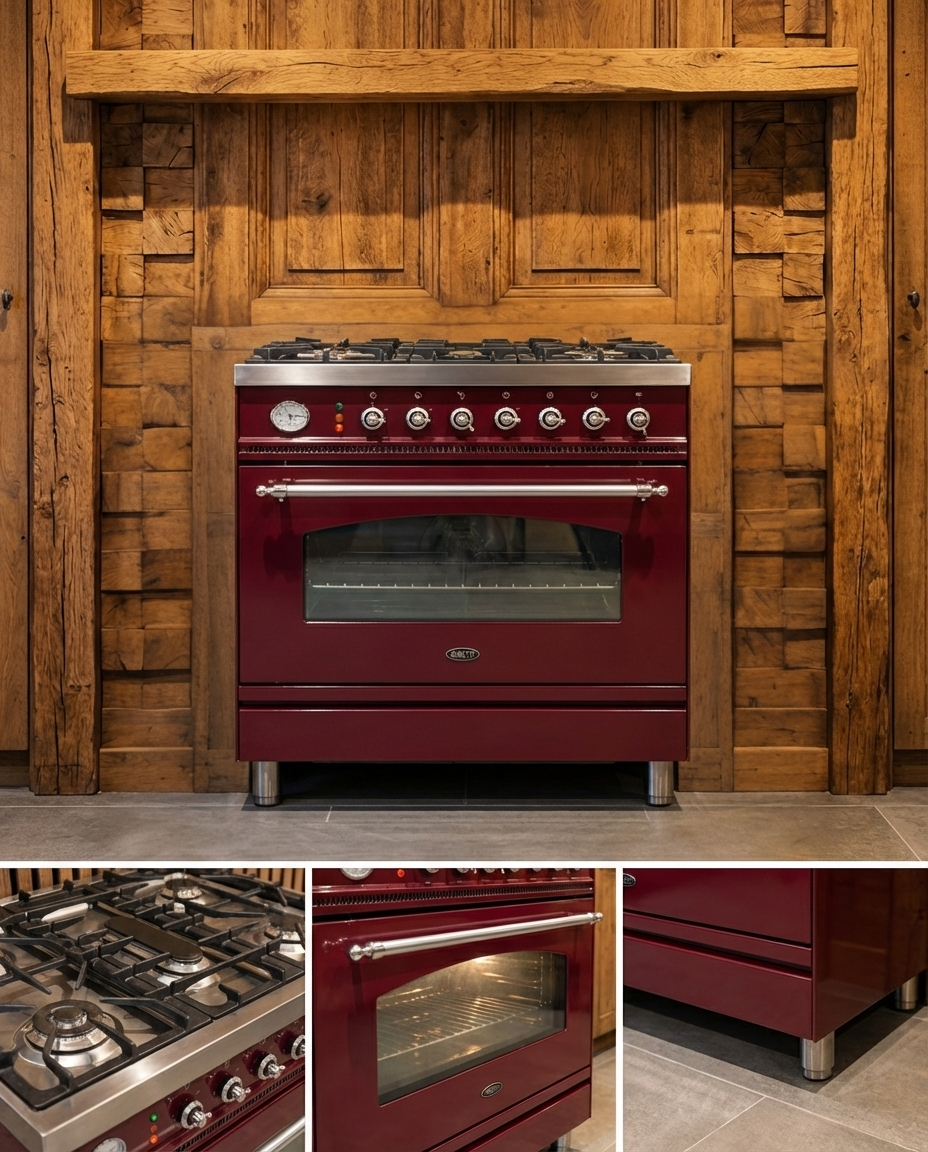 Boretti Gas · 5-pits met Wokbrander · Multifunctionele Oven · Bordeaux Rood Messing · 80cm