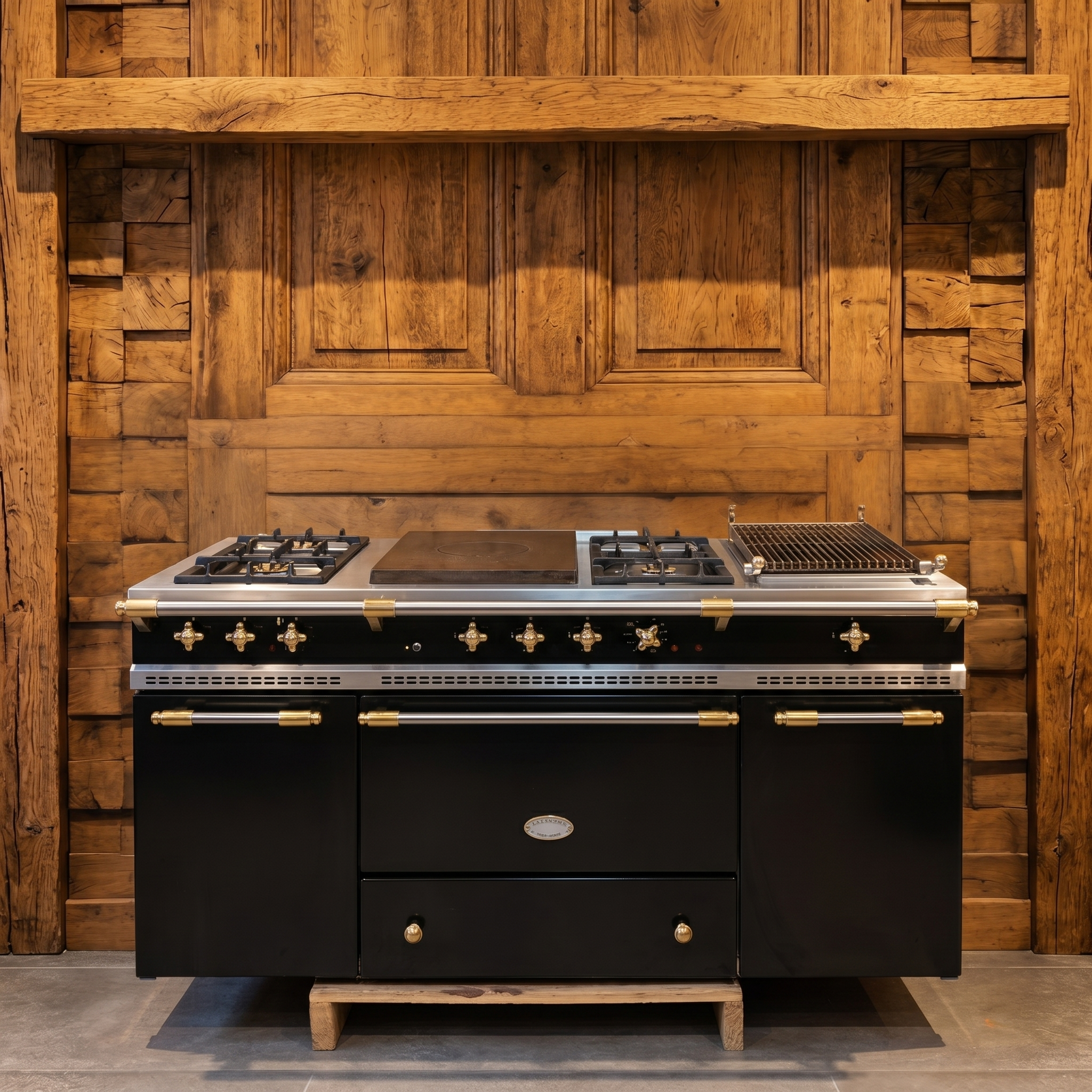 Lacanche · Zwart met Messing · 150cm · 5-pits Gas · Lavasteen-grill · Coup de Feu · Elektrische Oven · Warmhoudkast