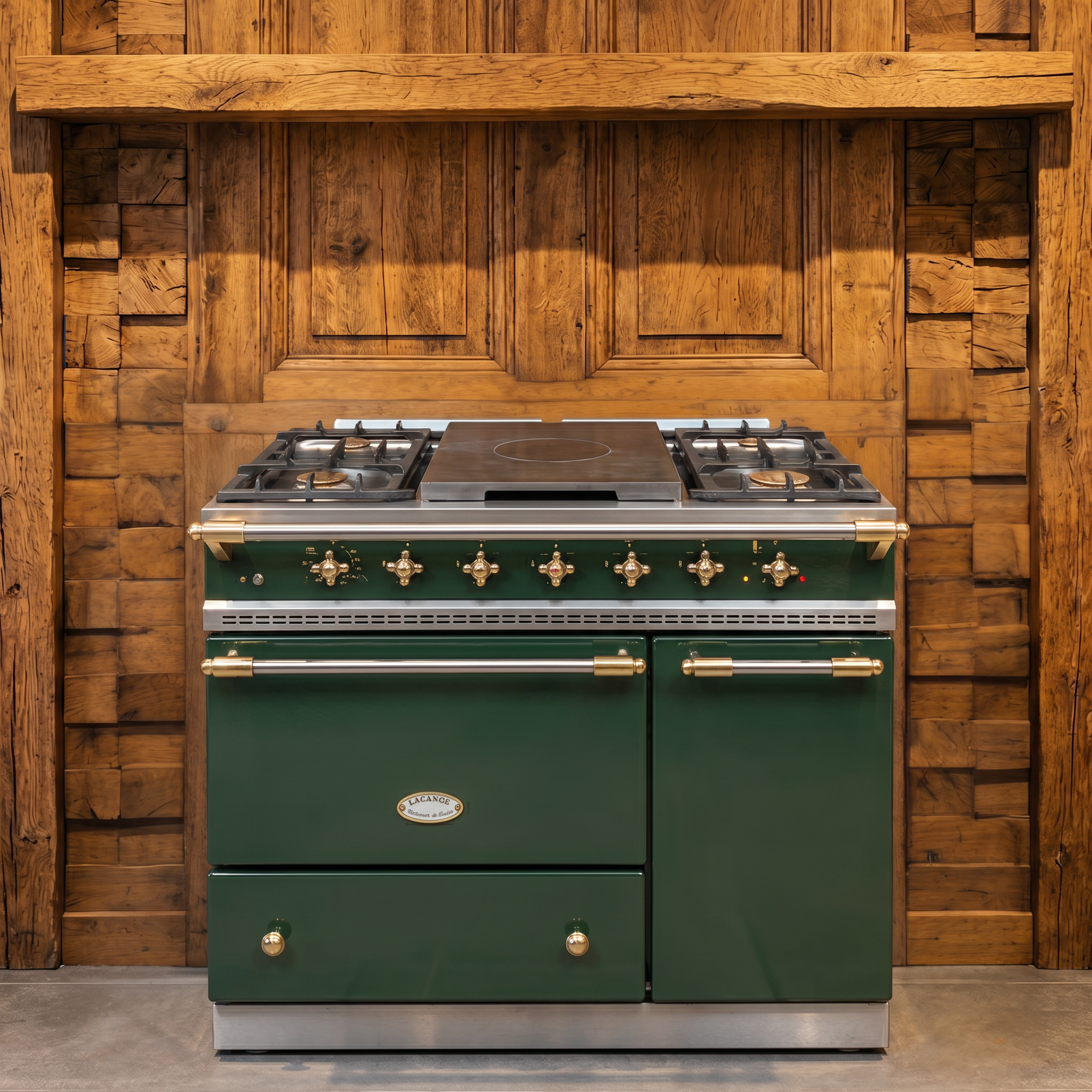 Lacanche Cluny 1000 · Donkergroen Email met Messing · 100cm · 5-pits Gas · Coup de Feu · Heteluchtoven · Warmhoudkast