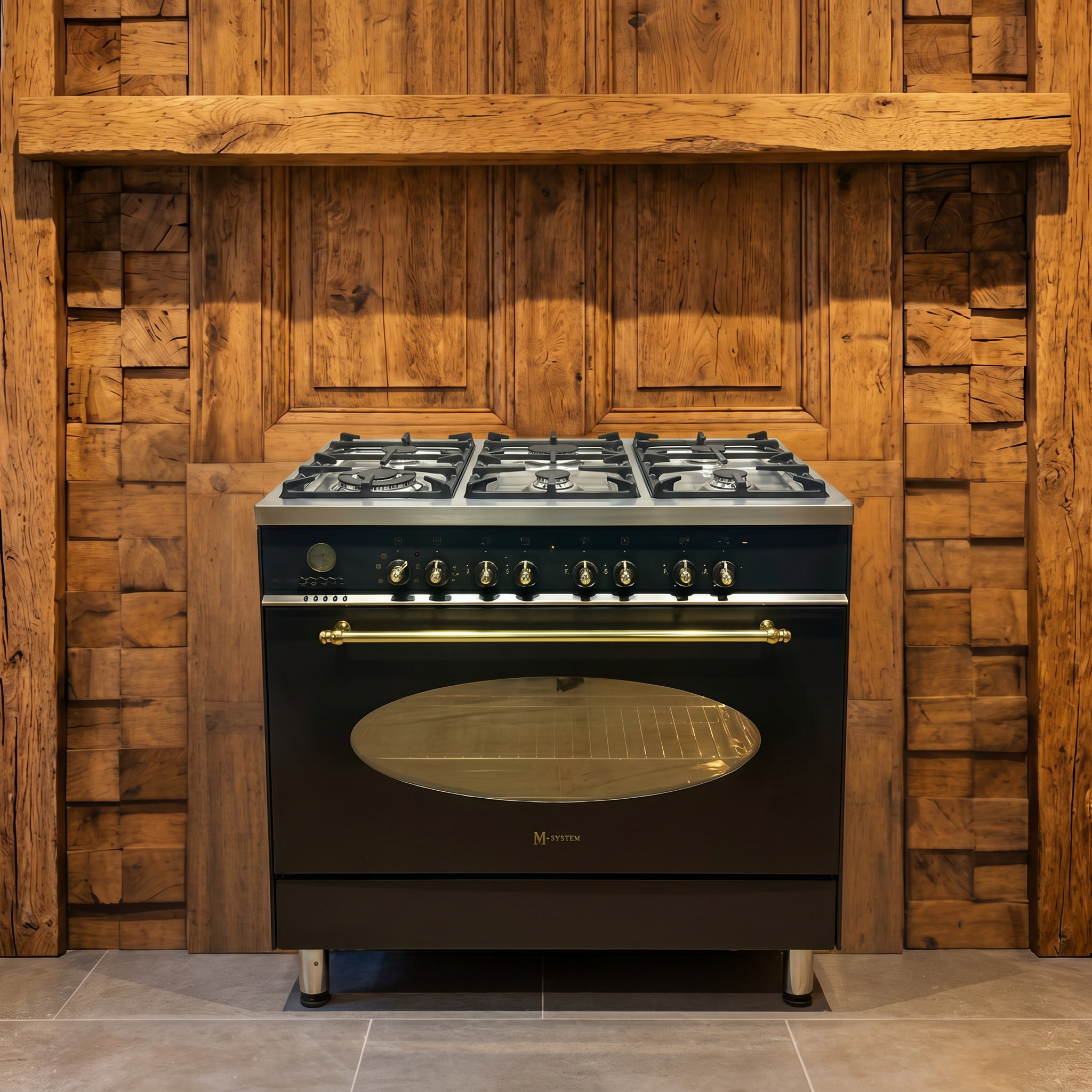 M-System · Zwart met Messing · 90cm · 6-pits Gas · Multifunctionele Oven