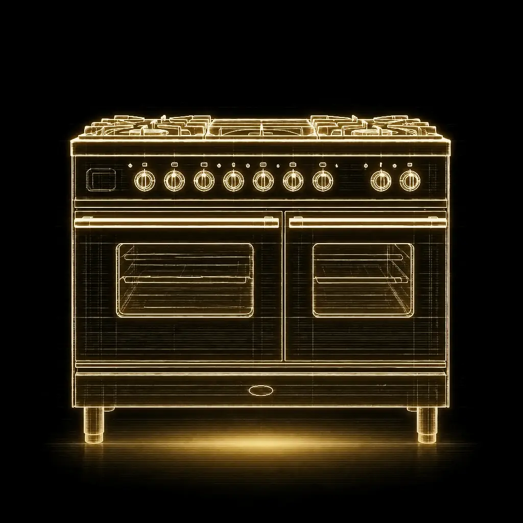 Boretti hoogglans zwart fornuis 100 cm dubbele oven als technische projectie