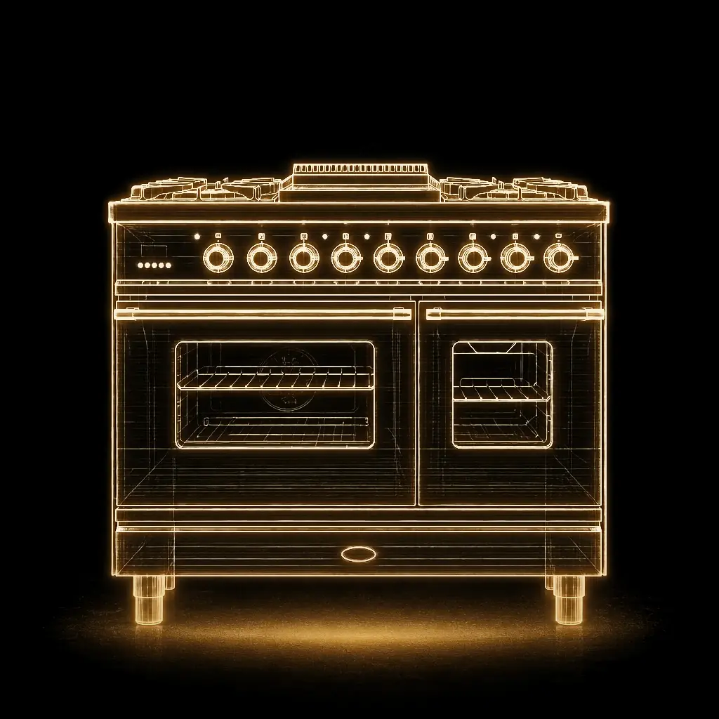 Boretti Antraciet 5-pits dubbele oven fornuis 90 cm als technische projectie