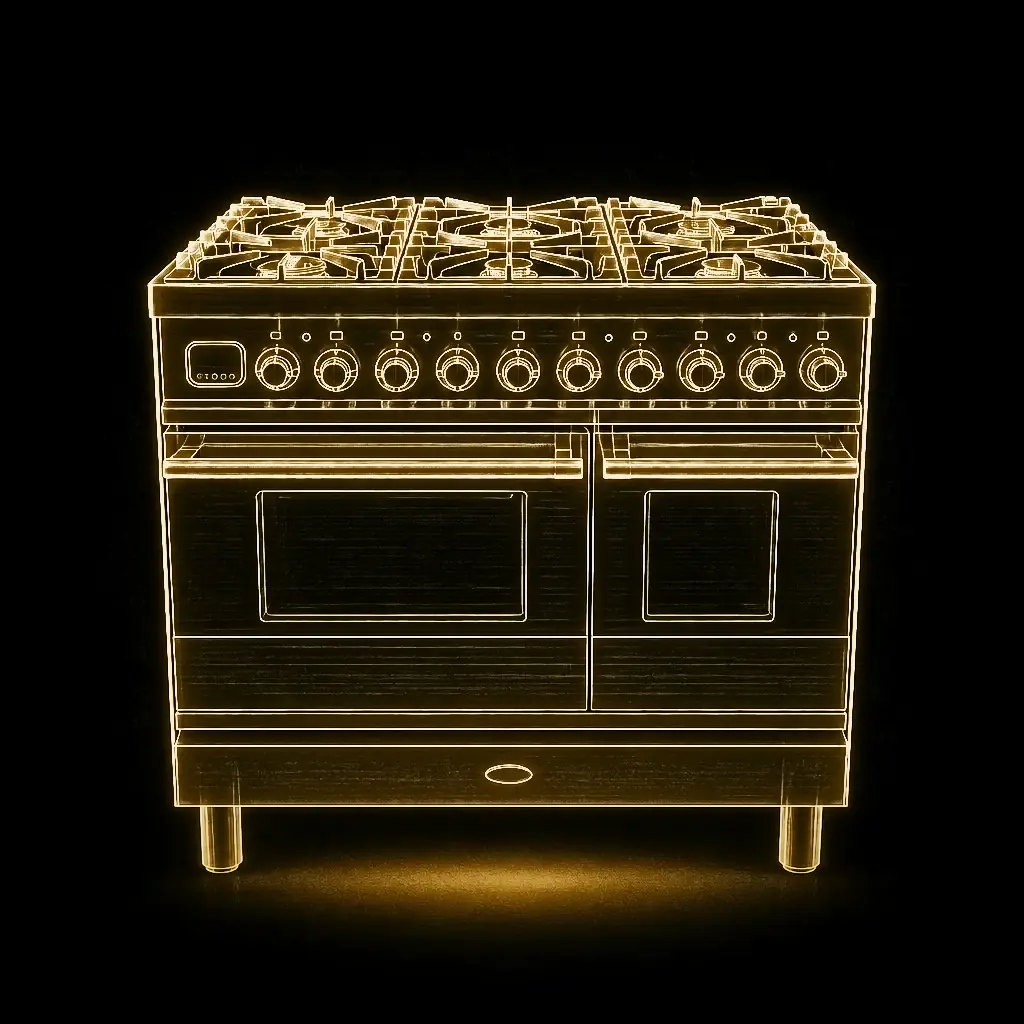 Boretti RVS 6-pits fornuis 90 cm dubbele oven als technische projectie