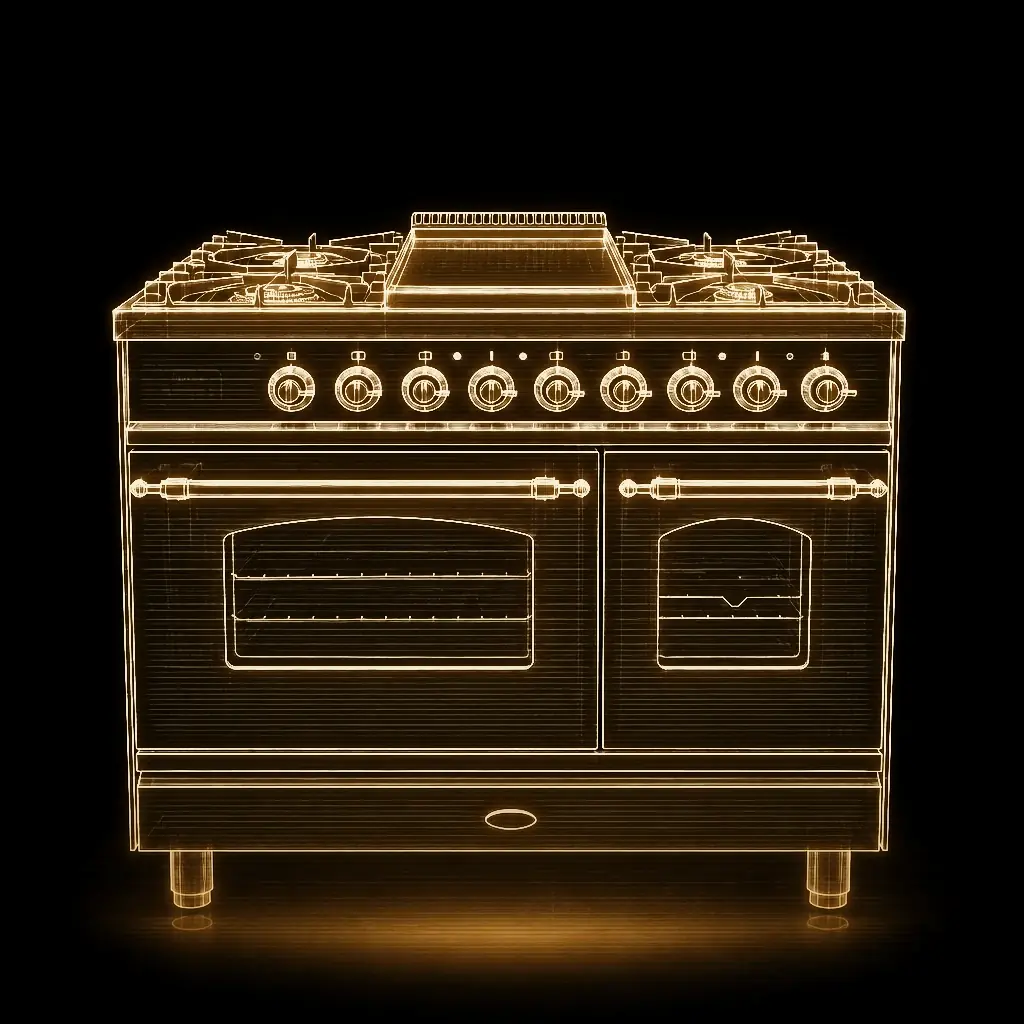 Boretti antraciet fornuis 90 cm, dubbele oven als technische projectie