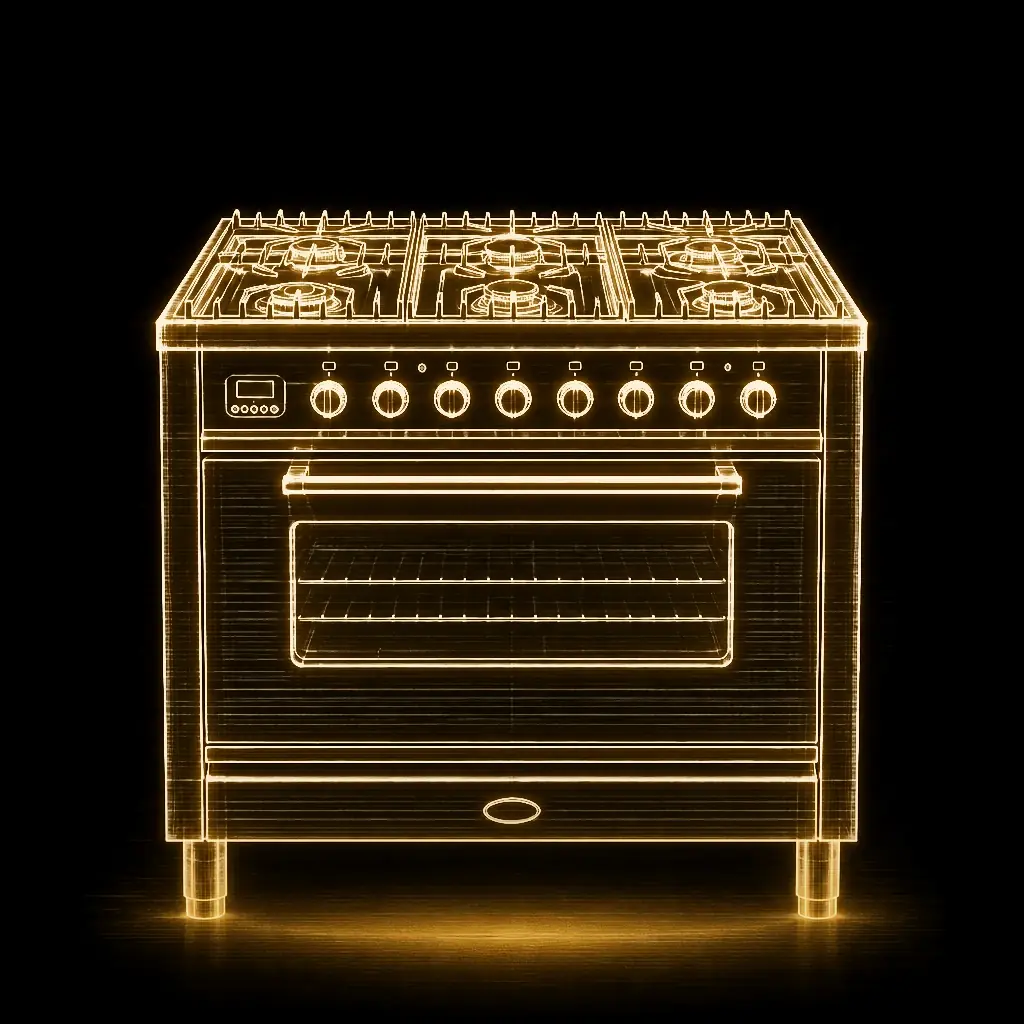 Boretti antraciet fornuis 90 cm, 300 graden oven als technische projectie