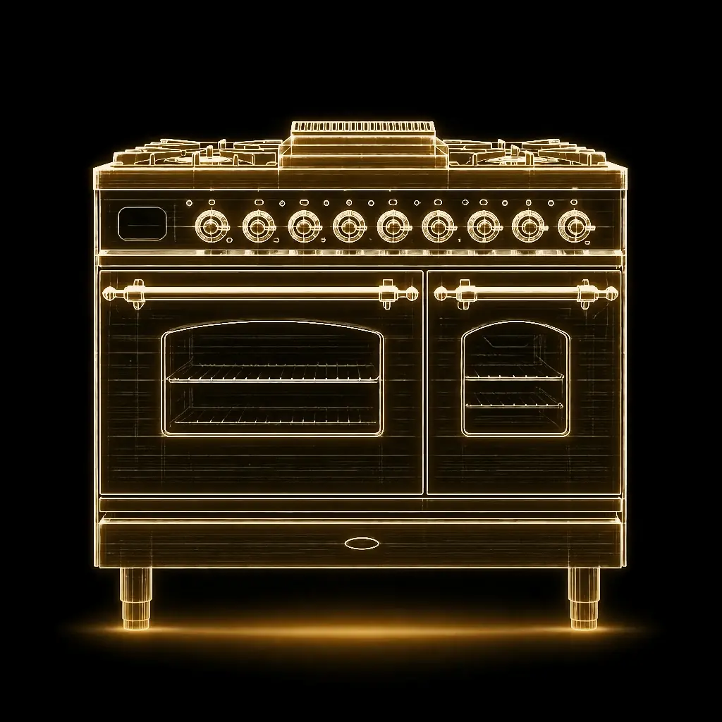 Boretti RVS 5-pits fornuis 90 cm dubbele oven als technische projectie