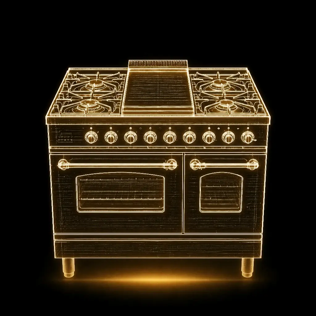 Boretti Zwart fornuis 90 cm dubbele oven als technische projectie