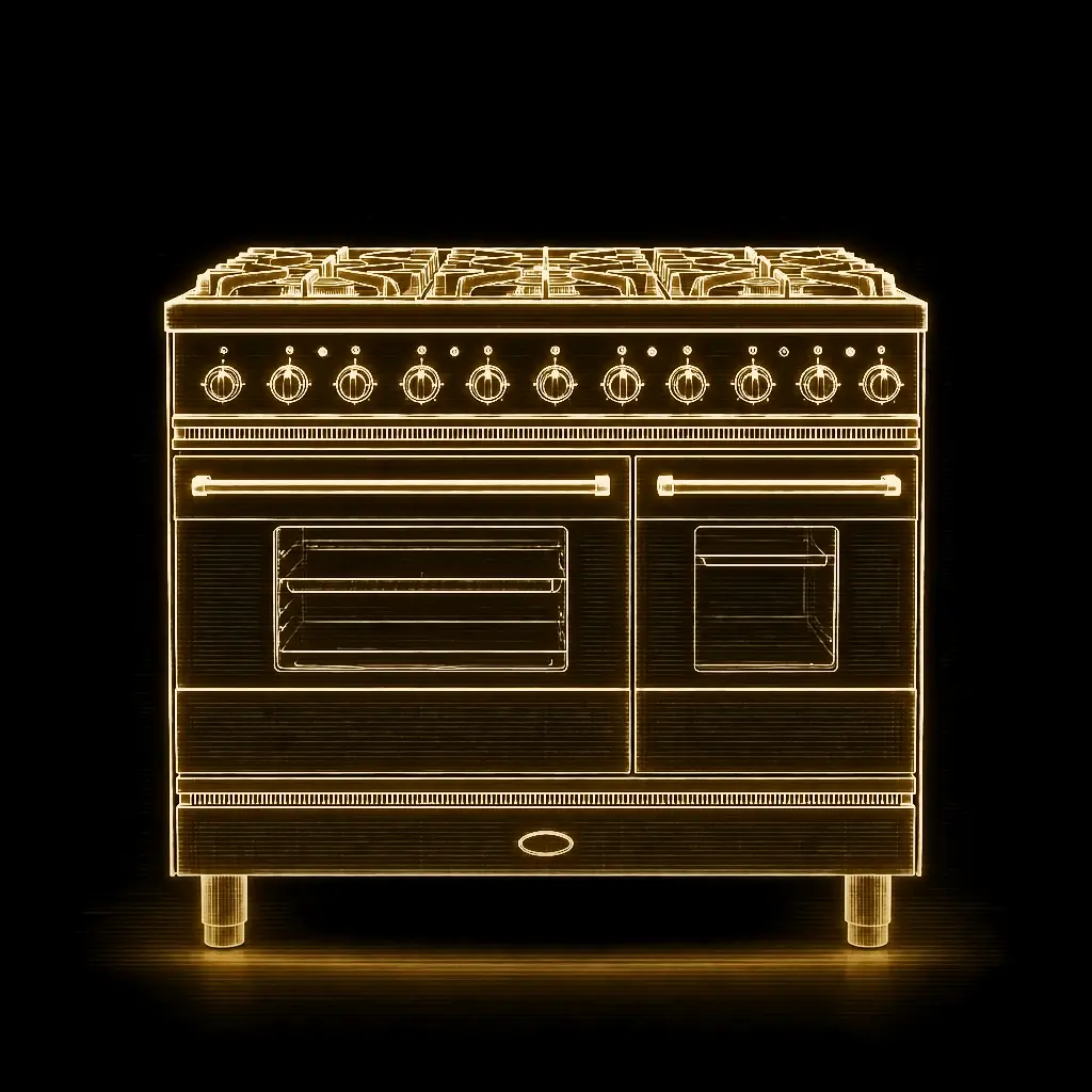 Boretti Antraciet 6-pits fornuis 90 cm dubbele oven als technische projectie