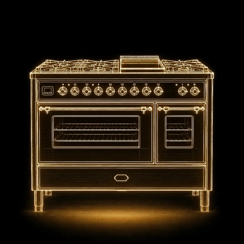 Boretti Majestic Antraciet fornuis 120 cm dubbele oven als technische projectie