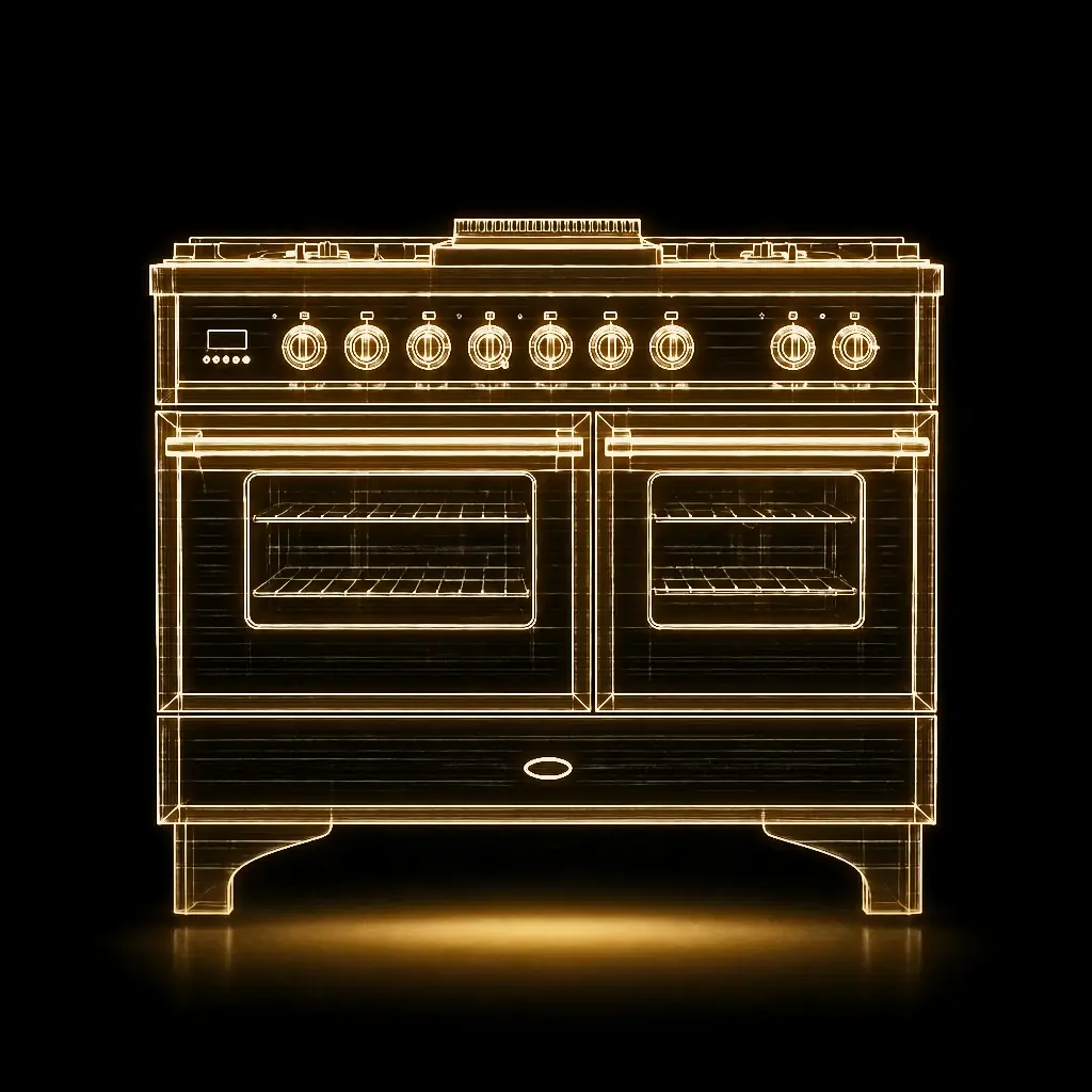 Boretti Quadra Line rood fornuis 100 cm dubbele oven als technische projectie