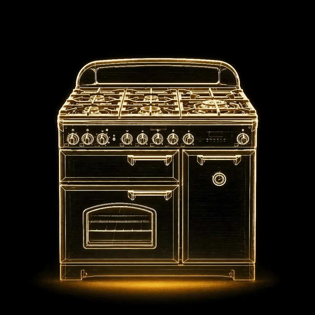 Falcon Classic Deluxe Zwart fornuis 90 cm drie ovens als technische projectie