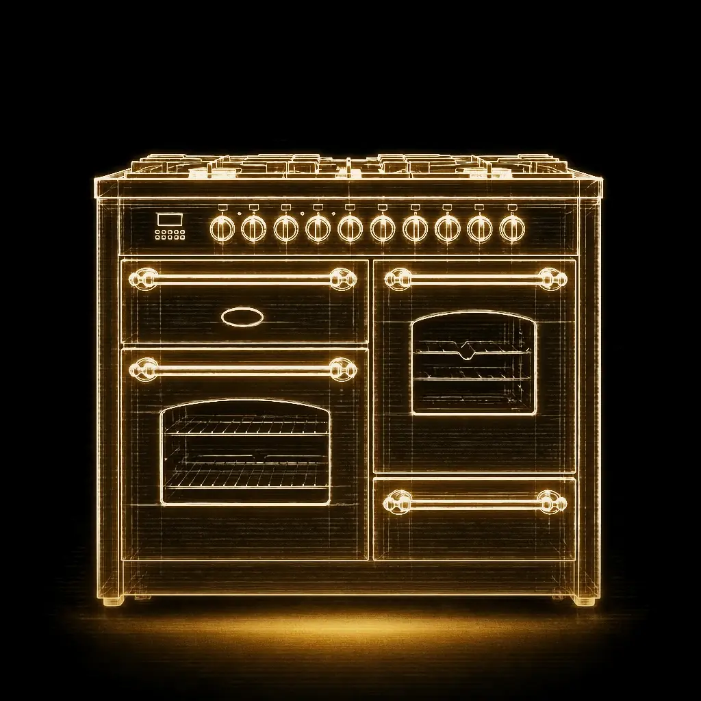 Britannia Fleet 110 cm fornuis — Oud Wit met chroom als technische projectie