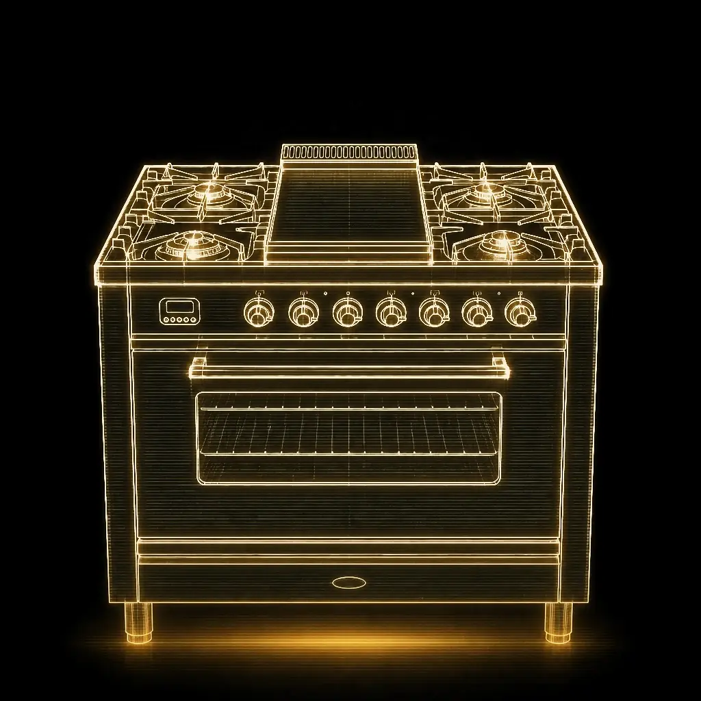 Boretti antraciet fornuis 90 cm met Fry-Top & 300 graden oven als technische projectie
