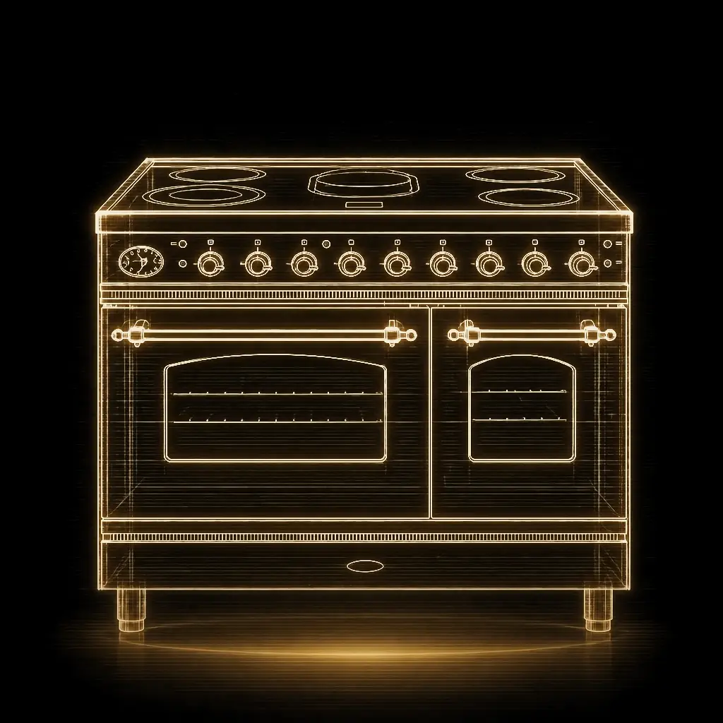 Boretti RVS 5-zones dubbele oven fornuis 90 cm keramisch als technische projectie