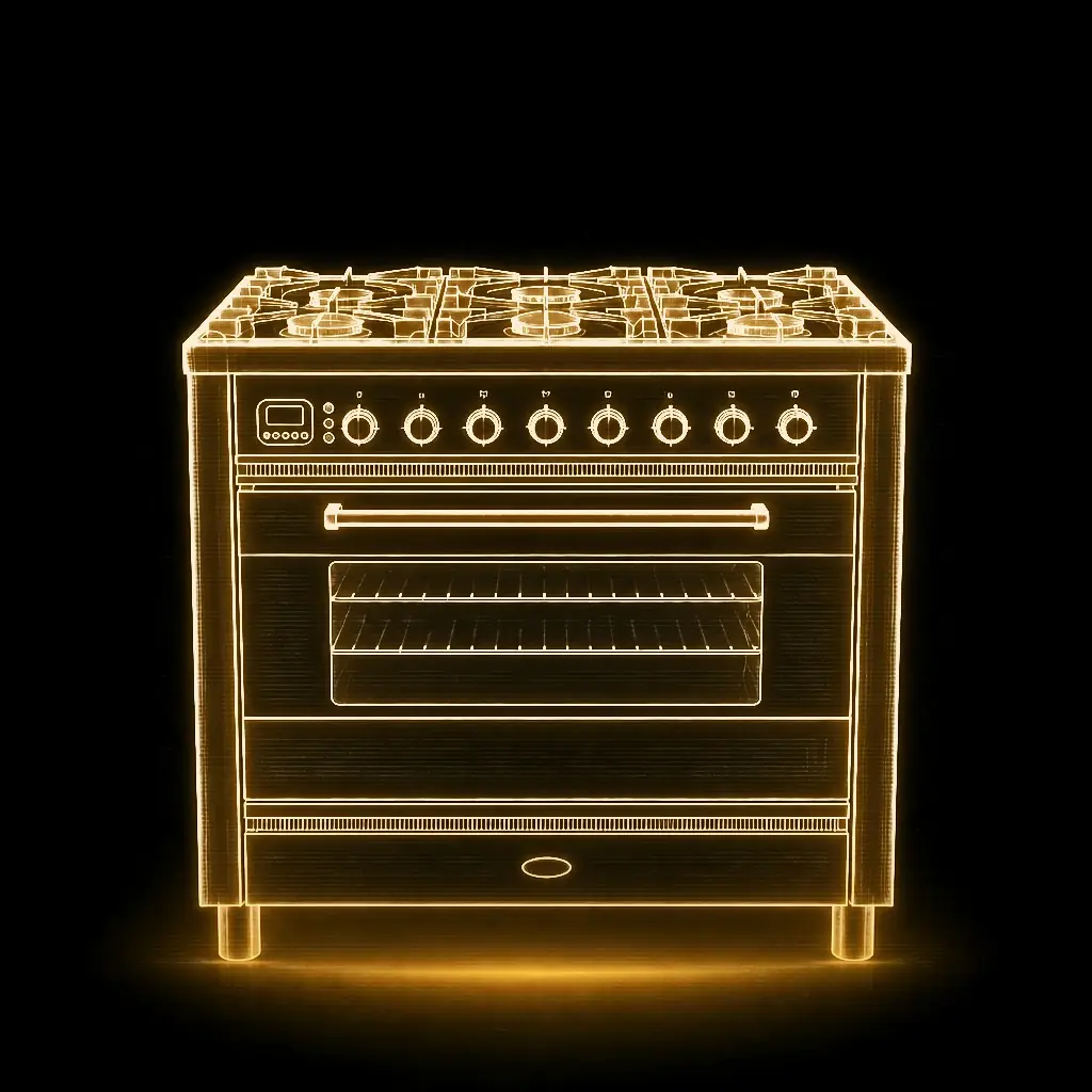 Boretti fornuis RVS 90 cm 6 pits met wokbrander als technische projectie