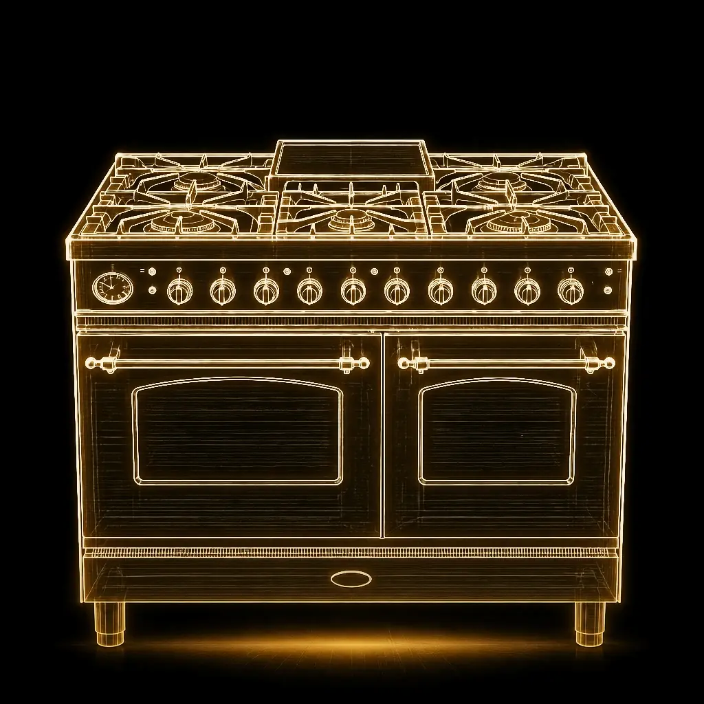Boretti RVS fornuis 100 cm dubbele oven als technische projectie